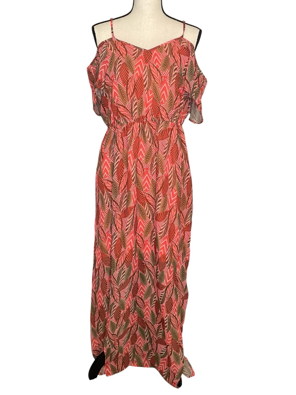 Charming Charlie Coral and Olive Leaf-Print Cold-Shoulder Maxi Dress
